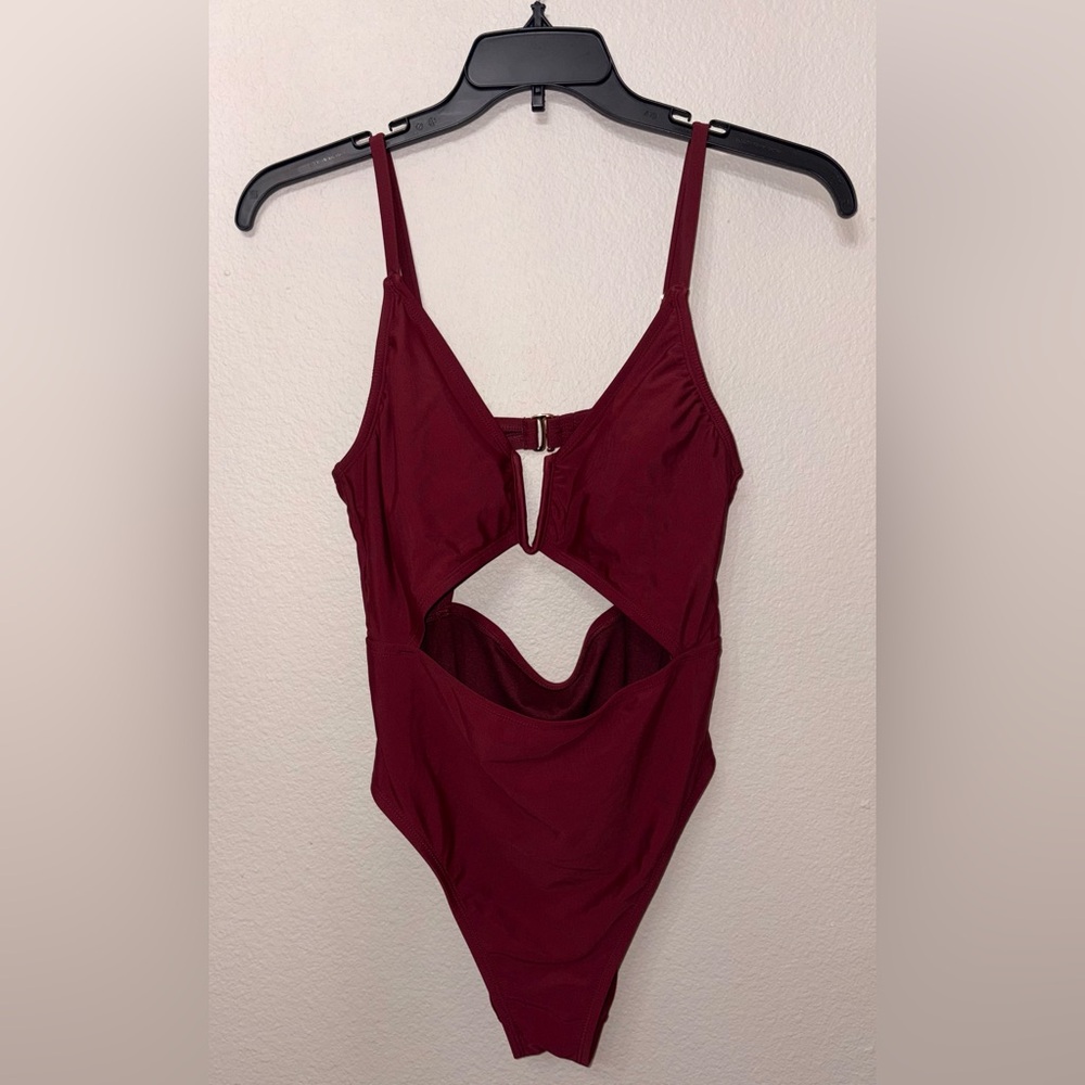 Burgundy Cut Out One Piece Swimsuit Deep V Monokini Size Large